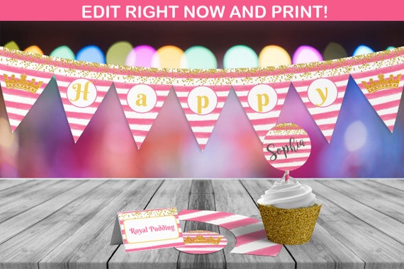 Princess Party Set, Crown party set, Pink party, girl Party, Instant Download and edit with corjl.com! Il_570xn