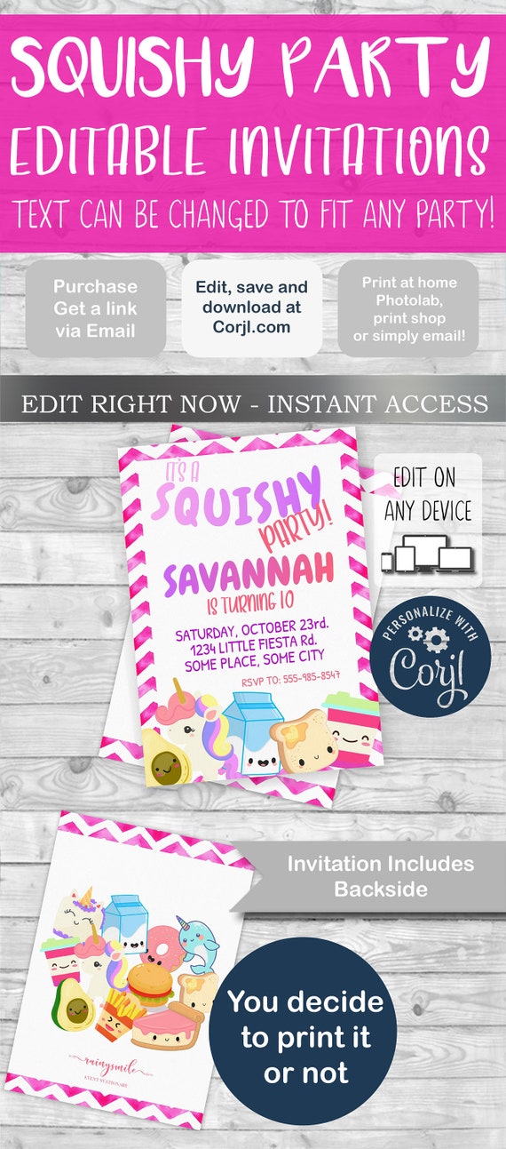 Squishy Party Printable Invitation and Thank You Card (Digital Invites for girls) Cute Squishies Birthday Invitation template for girl Il_570xn