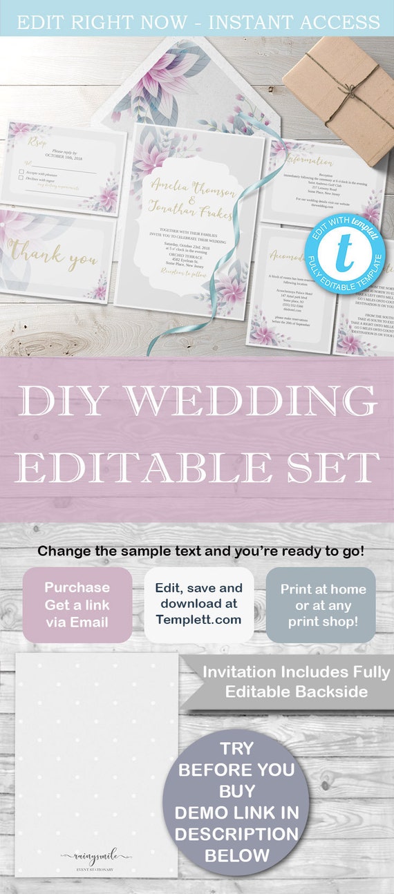 FLORAL WEDDING Set, DIY invitation, editable wedding set, wedding set, wedding rsvp card, wedding directions, wedding information, wedding Il_570xn