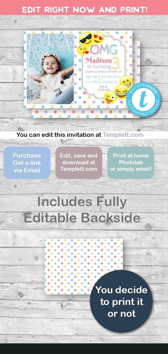 EMOJI Photo Invitation,Emojis, Emoji invite for Girl, Emoji theme, INSTANT DOWNLOAD, Edit and print with templett.com! Free Demo! Il_570xn
