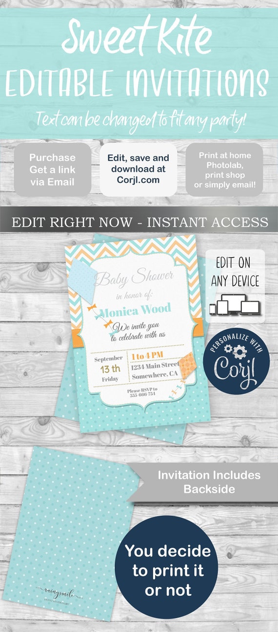 BABY SHOWER invitation, Kite Party, Kite Baby Shower, Kite Invite, Kite Party Invite, Instant Download, Invitation template try our demo! Il_570xn