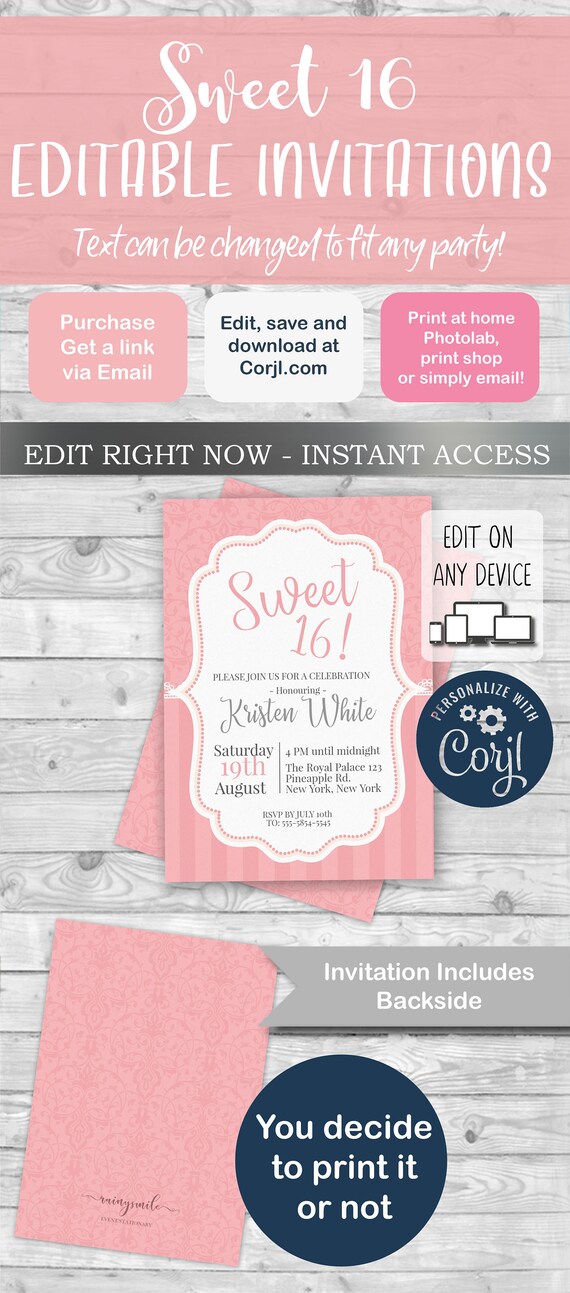 Sweet 16 invites, Invites for girl, Girl invitations, Printable invites, editable invites Il_570xn