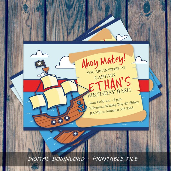 Pirate Invitation, Birthday Bash, Pirate party ,Pirate Ship Birthday Invitation, Pirate Invite, Printable Invitation for Boy, Pirate decor Il_570xn