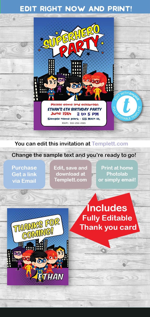 Superhero Invitation, Super hero Invite, Superhero party, INSTANT DOWNLOAD, Edit & print with templett.com! Free Demo! Il_570xn