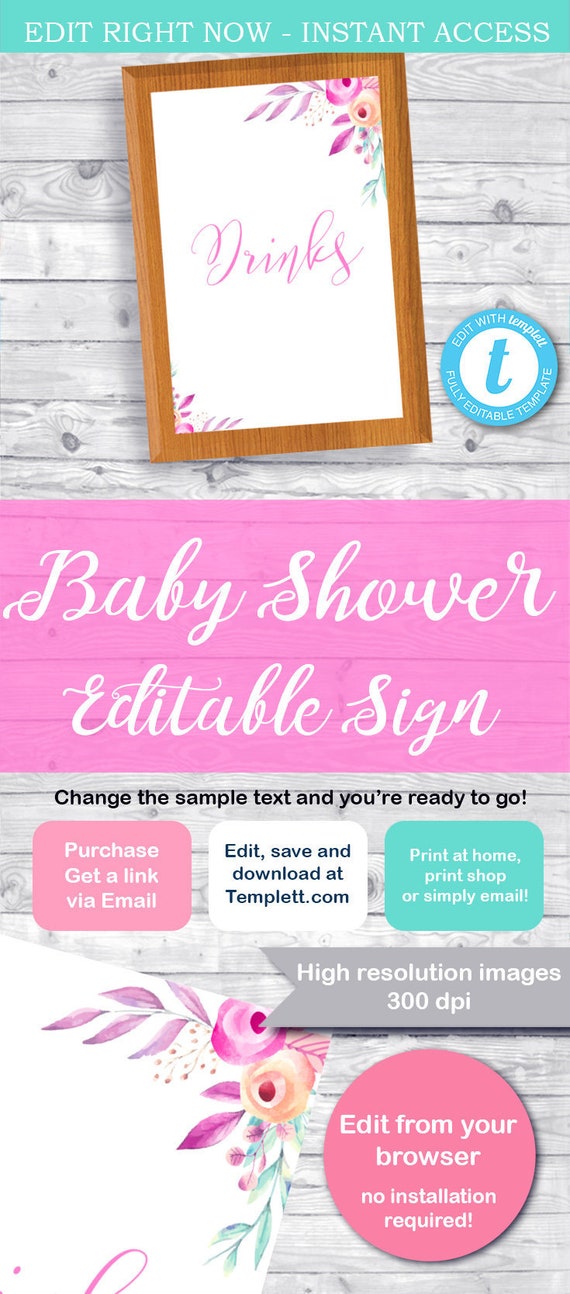 BABY SHOWER Sign, Drinks sign, personalized sign, Editable baby shower sign, baby shower decor, shower table sign, Il_570xn