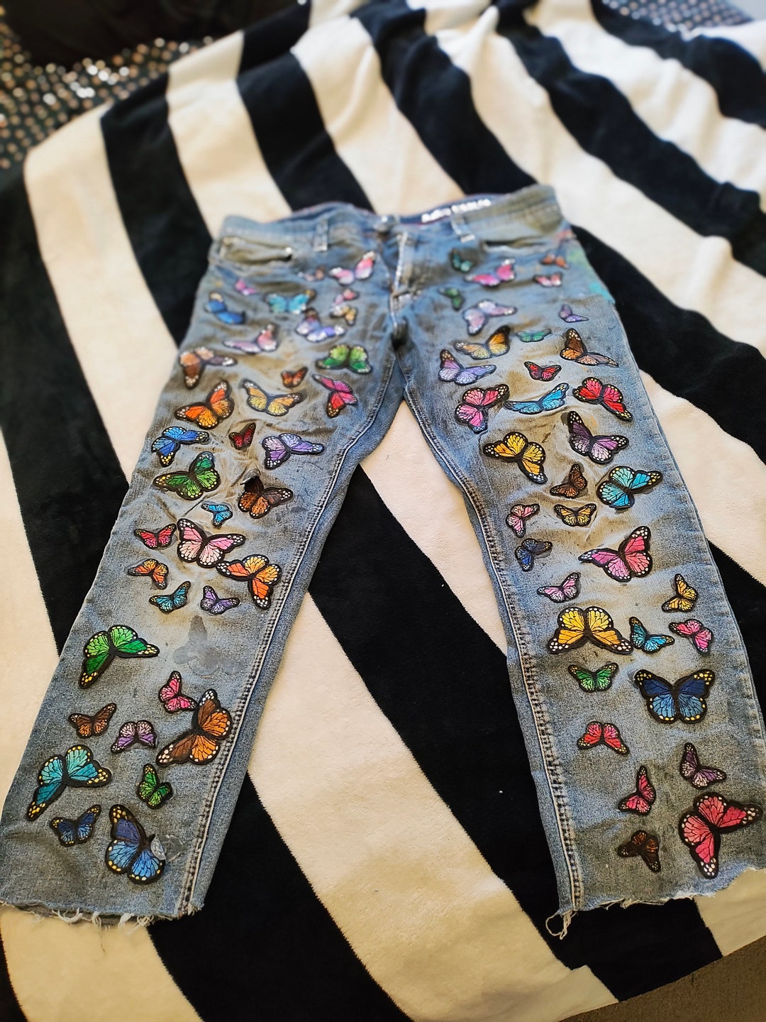 Fashionable Retro Butterfly Embroidered Jeans For Women main image 0