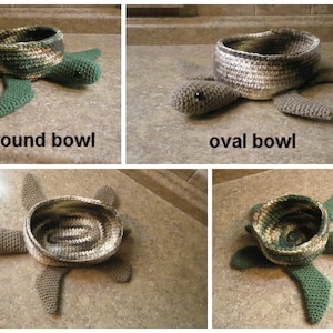 May include: Crocheted turtle-shaped bowls in various colors. The bowls are round or oval, with a textured appearance. The turtle's body and flippers are green or gray, and the bowls have a camouflage-like pattern. The text "round bowl" and "oval bowl" is visible.