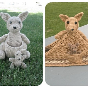 May include: Two crocheted kangaroo toys. The first kangaroo is beige and holding a smaller beige kangaroo in its pouch. The second kangaroo is brown and has a smaller brown kangaroo in its pouch. The brown kangaroo is part of a crocheted blanket.