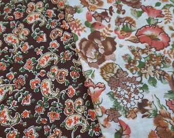 Vintage Cotton Fabric 3.5 Yds Brown Orange Floral Paisley 70s