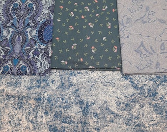 Vintage Fabric Lot Quilting Cotton Blue Floral Paisley Lacey 4 Different ±2yds