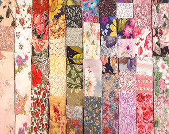 50 Different Floral Garden Fabric Strips 2.5" x18+" Assorted Mix Vintage To Now