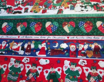 Vintage 94 Christmas Fabric Tablecloth Directional Stripe Homemade Santa Snowmen