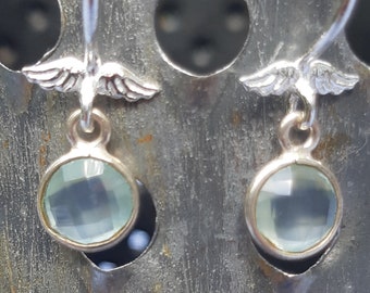 Pale blue chalcedony bezel angel wing earrings