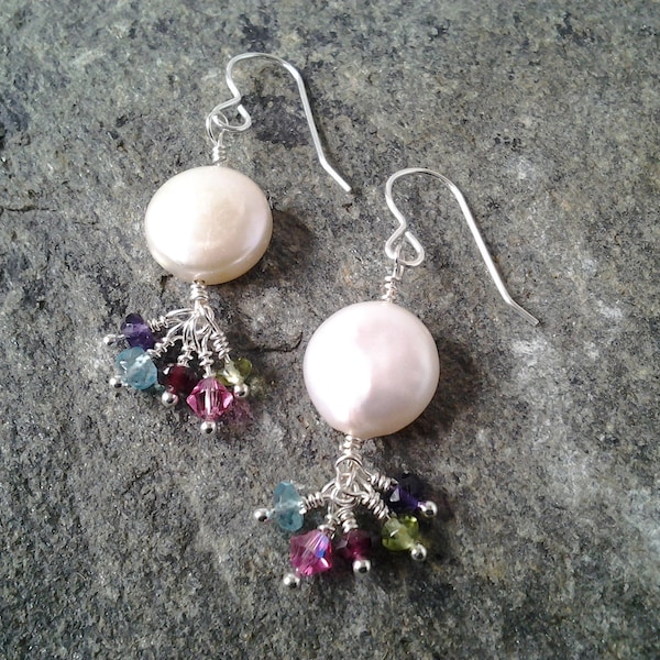 Creamy coin pearl drop earring with a semi precious gemstone cluster wedding bridesmaid