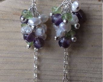 Long sterling silver amethyst, peridot and freshwater pearl drop earrings