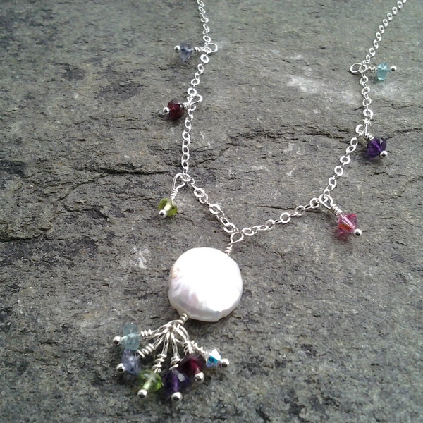 Freshwater coin pearl necklace with hanging cluster and tiny gems