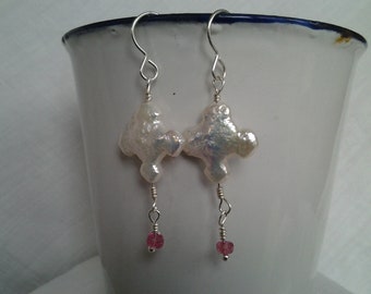 Sterling silver snowflake freshwater pearl earrings with tiny pink sapphire drop Christmas