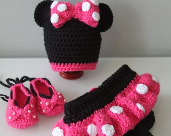 Crochet Minnie Mouse Hat, Diaper cover with Skirt and Shoes - PDF Pattern 0-3 mo size