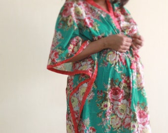 Kaftan Delivery gown Plus size Maternity clothes Labor and Delivery gown Maxi dress Nursing nightgown Teal floral gown with a draw string.