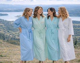 Green Bridesmaid robes personalized for the bride and bridal party in long ankle length.