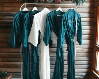 Bridesmaid robes Personalized with long length in silky soft satin in Emerald green and assorted colors. Lace bride robe with silk.