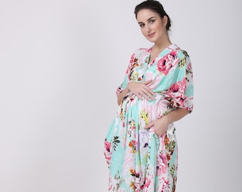 Delivery gown and Maxi dress. Birthing and nursing Hospital gown. Rich Aqua maternity gown for pregnancy, delivery and postpartum.