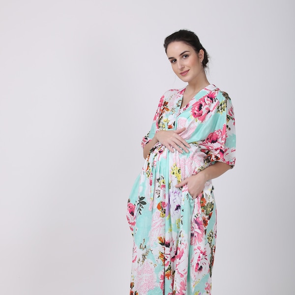 Delivery gown and Maxi dress. Birthing and nursing Hospital gown. Rich Aqua maternity gown for pregnancy, delivery and postpartum.