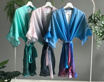 Shaded silky Robes for Bridesmaids getting ready Wedding favors  / 5 colors / Ruffled Edges / Personalized with names or roles or both / VSC