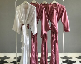 Dusty pink mauve and white silk satin ankle/calf length long personalized robes for bridesmaids, bride, mother of the bride, groom.