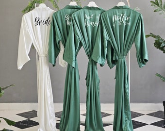 Matching Bridesmaid robes Slate dusty green satin ankle calf length silky wedding personalized Gift for her Mother of the Groom Bride