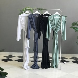 Butter soft stretchy very long Bridesmaid robes for Bridal party getting ready and lounging in Sage Dusty Blue Black White. image 1
