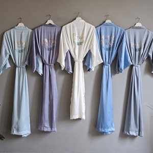 Bridesmaid robes long ankle/calf length in silky satin dusty blue ice silver lavender Personalized Mother of Groom/Bride/Maid of Honor gifts