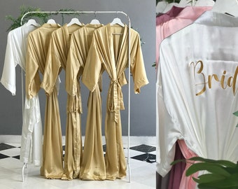 Soft silky satin very long personalized robes in gold white for tall women, mother of the groom/bride, maid of honor, Bridal party gifts.