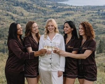 Personalized Brown Satin Bridesmaid Pajama Set, Bridal Party PJs, Plus Sizes