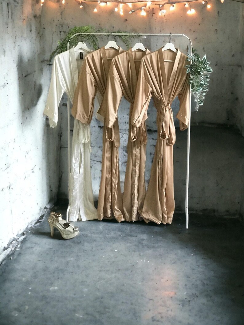 Champagne Bridesmaid robes personalized for the Bridal party with custom text in luxurious silky satin Bride and Bridal robe Gift for her. image 1