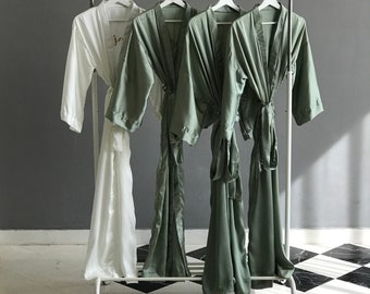 Sage Olive Silk satin Personalized Bridesmaid robes long ankle or calf length.