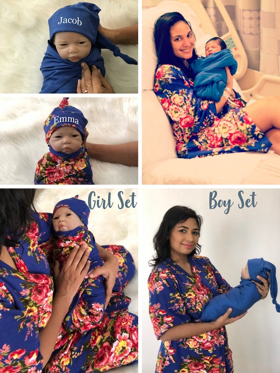 Hospital robe and matching baby swaddle for boy or girl. Mommy and me robe and swaddle set Feathers Maternity robe and swaddle set boy