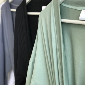 Butter soft stretchy very long Bridesmaid robes for Bridal party getting ready and lounging in Sage Dusty Blue Black White. image 5