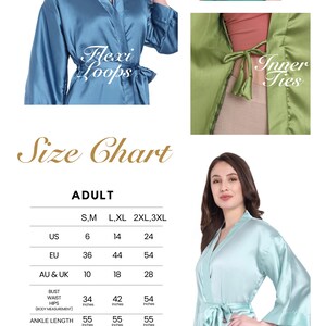 The image is a size chart for a blue satin robe, featuring two different sizes and a woman wearing the robe.