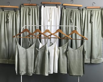 Matching Bridesmaid pajamas Olive Green Champagne & Camisole set Bride and Bridal party. Bridesmaid proposal, Bridal Party gifts.