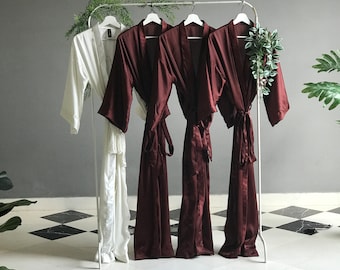 Soft silky satin long personalized bridesmaid robes in chocolate burgundy maroon orange black Plus size robes for Mother of the Groom/Bride.