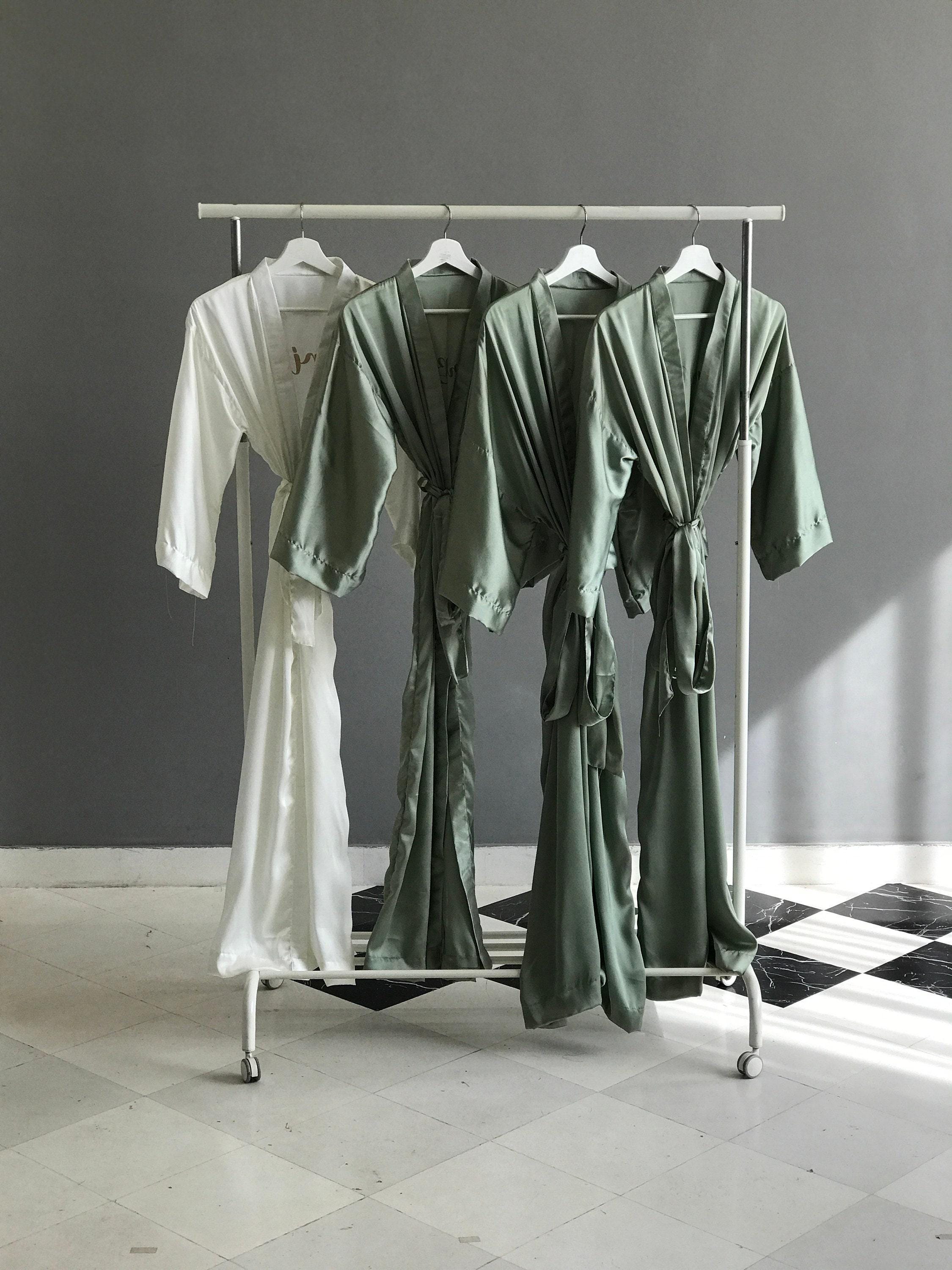 Sage Olive Silk satin Personalized Bridesmaid robes long ankle or calf length.