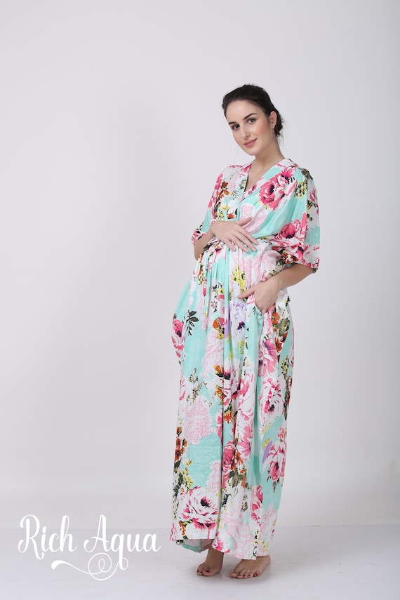 Delivery Gown and Maxi Dress. Birthing and Nursing Hospital Gown. Rich Aqua  Maternity Gown for Pregnancy, Delivery and Postpartum. 