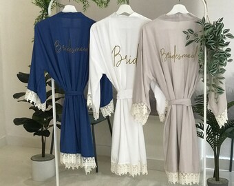 Personalized bridesmaid robes and bride robe with front and back personalization text in assorted colors for mix and match.