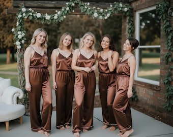 Bridesmaid Satin Pajamas, Brown Camisole & Pants (XS-3XL)