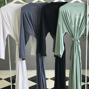 Butter soft stretchy very long Bridesmaid robes for Bridal party getting ready and lounging in Sage Dusty Blue Black White. image 4