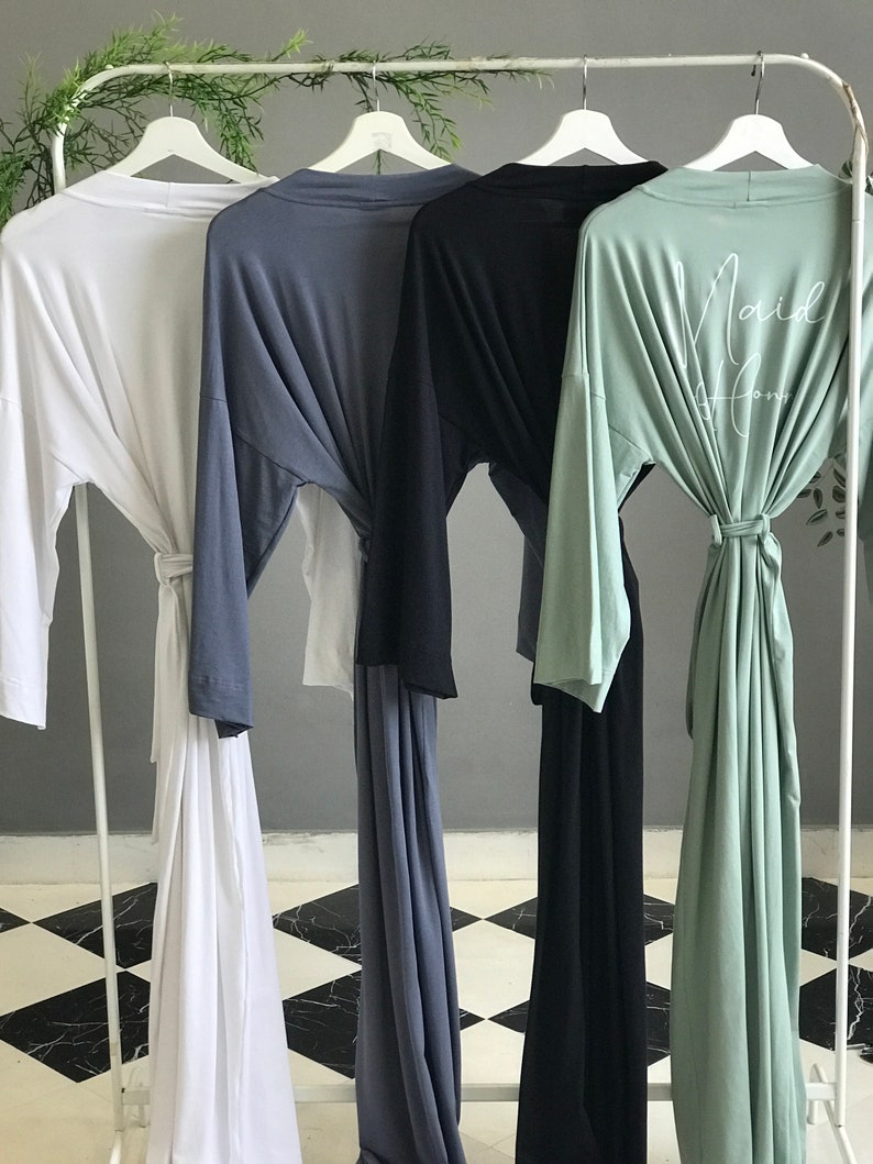 Butter soft stretchy very long Bridesmaid robes for Bridal party getting ready and lounging in Sage Dusty Blue Black White. image 4