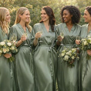 May include: Five people wearing sage green satin robes, holding champagne flutes and bouquets of white and green flowers. The robes have a wrap-around design with a tie at the waist. The group is outdoors in a natural setting.