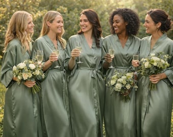 Olive Green Bridal Robes: Soft Silk Kimono - Lounge and Wedding Wear