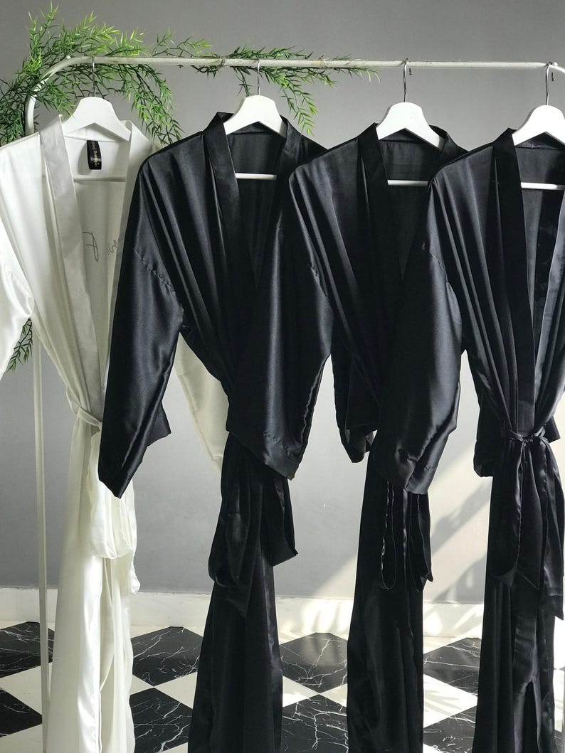 Long black personalized satin bridesmaid robes with front and back gold text. Custom gifts for Mother of the Bride, Groom and Bridal party. image 5